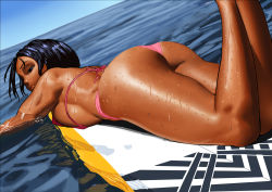 Rule 34 | 1girl, arung samudra (cessa), bikini, black hair, breasts, cessa, commentary, dark-skinned female, dark skin, day, english commentary, female focus, horizon, legs up, lying, ombok diving and delivery services, on stomach, outdoors, partially submerged, pink bikini, realistic, sideboob, solo, surfboard, swimsuit, wet