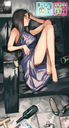 Rule 34 | 1girl, bare shoulders, barefoot, black hair, bottle, breasts, character request, couch, cup, dress, drinking glass, grey eyes, high heels, highres, holding, idolmaster, idolmaster cinderella girls, long hair, looking at viewer, medium breasts, messy room, nail polish, neon lights, sawarakajin, shoes, solo, unworn shoes, wine glass