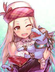 Rule 34 | 1girl, ;d, absurdres, animal, blonde hair, brown eyes, detached sleeves, diola (granblue fantasy), granblue fantasy, hat, hat ribbon, highres, holding, holding animal, long hair, one eye closed, ono misao, open mouth, red ribbon, ribbon, shirt, sleeveless, smile, upper body, white background, white shirt