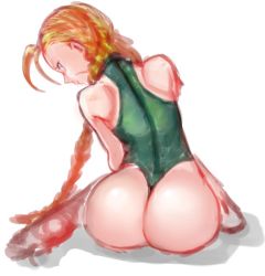 Rule 34 | 1girl, ahoge, ass, blonde hair, blue eyes, braid, cammy white, closed mouth, curvy, green leotard, highleg, highleg leotard, huge ass, leotard, long hair, looking at viewer, nyantiu, scar, shiny skin, simple background, solo, street fighter, street fighter ii (series), thong leotard, twin braids, white background