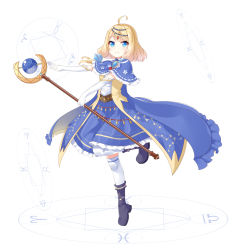 Rule 34 | 1girl, ahoge, aries (symbol), black footwear, blonde hair, blue cape, blue capelet, blue eyes, blue skirt, boots, cape, capelet, chihong de tianshi, closed mouth, constellation print, elbow gloves, frilled cape, frilled capelet, frills, full body, gloves, hair ornament, highres, holding, holding staff, libra (symbol), magic circle, original, outstretched arm, pisces (symbol), shirt, simple background, skirt, smile, solo, staff, standing, standing on one leg, star (symbol), taurus (symbol), thighhighs, thighhighs under boots, white background, white gloves, white shirt, white thighhighs, zodiac