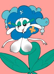 Rule 34 | 1girl, big hair, black eyes, blue hair, breasts, colored skin, creatures (company), female focus, flat color, florges, florges (blue flower), flower, game freak, gen 6 pokemon, hair flower, hair ornament, half-closed eyes, hanging breasts, happy, large areolae, large breasts, leaning forward, monster girl, nintendo, nipples, orange flower, plant girl, pokemon, pokemon (creature), red background, simple background, smile, solo, tongue, tongue out, vilepluff, white skin