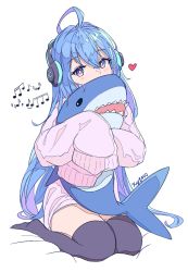 Rule 34 | 1girl, ahoge, azur lane, blue hair, bright pupils, commentary, covered mouth, english commentary, hair between eyes, head tilt, headphones, heart, helena (azur lane), holding, holding stuffed toy, kyl490, long hair, musical note, oversized clothes, pink sweater, purple eyes, seiza, sitting, sleeves past fingers, sleeves past wrists, solo, stuffed animal, stuffed shark, stuffed toy, sweater, thighhighs, thighs, very long hair, very long sleeves, white pupils, zettai ryouiki