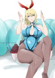 Rule 34 | 1girl, animal ears, blonde hair, blue bodysuit, blue eyes, blush, bodysuit, breasts, fake animal ears, highres, large breasts, leotard, long hair, looking at viewer, metroid, metroid (creature), mole, mole under mouth, nintendo, pantyhose, playboy bunny, ponytail, rabbit ears, rabbit pose, samus aran, simple background, skin tight, solo, swimsuit, vialnite, zero suit