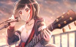 Rule 34 | 1girl, bang dream!, black hair, black jacket, blurry, blurry background, blush, bob cut, breasts, clenched teeth, cloud, cloudy sky, collarbone, commentary, electric guitar, glint, gohan (lupina1023), gradient sky, guitar, highres, holding, holding instrument, holding microphone, holding plectrum, hood, hood down, hooded jacket, instrument, jacket, jewelry, lens flare, light particles, lightning bolt necklace, long sleeves, looking to the side, medium breasts, microphone, microphone stand, mitake ran, multicolored hair, necklace, off-shoulder jacket, off shoulder, open clothes, open jacket, orange sky, plectrum, railing, red eyes, red hair, shirt, short hair, sidelocks, sky, solo, standing, streaked hair, sweat, t-shirt, teeth, twilight, upper body, white shirt