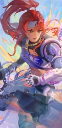 Rule 34 | 1girl, armor, bb brigitte, brigitte (overwatch), brown eyes, chain, chain necklace, crop top, explosion, fingerless gloves, flail, gauntlets, gloves, headband, highres, holding, holding weapon, jewelry, le sserafim, navel, necklace, overwatch, overwatch 2, pauldrons, ponytail, red hair, shoulder armor, weapon, westwheat