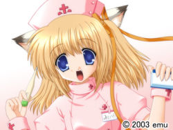 Rule 34 | 00s, 1girl, 2003, animal ears, blonde hair, blue eyes, bow, buttons, cat ears, child, cross, fang, happy, hat, holding, kin&#039;youbi no koneko, lowres, miiyu, miiyu (kin&#039;youbi no koneko), name tag, nekoneko, nurse, nurse cap, open mouth, ribbon, short hair, simple background, solo, text focus, thermometer, watermark, wrist cuffs