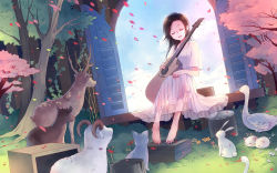 Rule 34 | &gt; &lt;, 1girl, :3, > <, acoustic guitar, animal, bad id, bad pixiv id, barefoot, barrel, bird, blue sky, box, brown hair, rabbit, cat, cherry blossoms, cloud, day, deer, dress, closed eyes, flower, forest, goat, goose, grass, guitar, hamster, horns, instrument, kieta, leaf, long hair, long legs, music, nature, open mouth, original, petals, see-through, sheep, singing, sitting, sky, smile, solo, surreal, swan, tree, whiskers, white dress, wind, window, x3