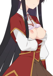 Rule 34 | 1girl, akuyaku reijou level 99: watashi wa ura-boss desu ga maou dewa arimasen, arm under breasts, black hair, blush, breasts, breasts out, cape, closed mouth, collared shirt, commentary request, eumiella dolkness, head out of frame, high-waist skirt, highres, long hair, long sleeves, medium breasts, morisobo, neck ribbon, nipples, pleated skirt, red cape, red ribbon, red skirt, ribbon, shirt, simple background, skirt, solo, very long hair, white background, white shirt