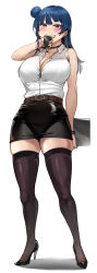 Rule 34 | 1girl, absurdres, alternate breast size, bare arms, bare shoulders, belt, black choker, black footwear, black skirt, black thighhighs, blue hair, blush, breasts, brown belt, bursting breasts, button gap, choker, cleavage, closed mouth, collarbone, full body, hair bun, hand up, high heels, highres, large breasts, looking at viewer, love live!, love live! sunshine!!, medium hair, miniskirt, purple eyes, shirt, shirt tucked in, simple background, skindentation, skirt, sleeveless, smile, solo, standing, tem10, thighhighs, thighs, tsushima yoshiko, white background, white shirt, zettai ryouiki