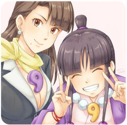 Rule 34 | 2girls, ace attorney, asymmetrical bangs, black hair, black jacket, blunt bangs, blush, breasts, brown eyes, brown hair, cleavage, closed eyes, closed mouth, double v, earrings, grin, hair ornament, hiraishi wataru, jacket, japanese clothes, jewelry, large breasts, long hair, long sleeves, looking at viewer, magatama, magatama necklace, maya fey, mia fey, mole, mole under mouth, multiple girls, necklace, parted bangs, scarf, siblings, sidelocks, simple background, sisters, small breasts, smile, upper body, v, yellow scarf