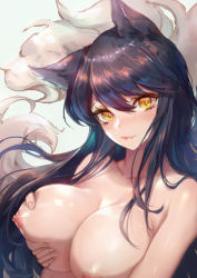 Rule 34 | 1girl, ahri (league of legends), animal ears, black hair, blush, breasts, fang, fox ears, fox tail, highres, large breasts, league of legends, long hair, looking at viewer, multiple tails, nipples, nude, solo, tail, upper body, xing, yellow eyes