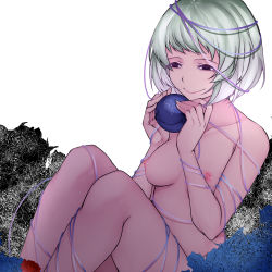 Rule 34 | 1girl, aoshima, black eyes, black flower, black rose, blue flower, blue rose, breasts, collarbone, commentary request, empty eyes, feet out of frame, flower, green hair, hands up, highres, holding, knees up, komeiji koishi, medium breasts, nail polish, nipples, no headwear, no headwear, nude, pink lips, red flower, red rose, rose, short hair, simple background, sitting, smile, solo, third eye, touhou, white background, white nails