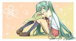 Rule 34 | 1girl, blue eyes, blue socks, full body, green hair, hair ornament, hair scrunchie, hatsune miku, highres, long hair, looking at viewer, mary janes, nail polish, open mouth, pleated skirt, red ribbon, red skirt, ribbon, rumia (compacthuman), scrunchie, shirt, shoes, sitting, skirt, socks, solo, twintails, very long hair, vocaloid, white shirt