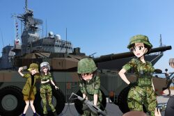 4girls akiyama_yukari black_hair blonde_hair blush breasts brown_eyes camouflage erwin_(girls_und_panzer) girls_und_panzer gun hand_on_own_hip highres kawashima_momo key_(gaigaigai123) large_breasts military_uniform military_vehicle monocle motor_vehicle multiple_girls nishi_kinuyo open_mouth outdoors rifle selfie ship short_hair sky small_breasts smile sweat tank warship watercraft weapon