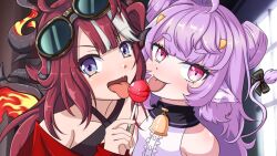 Rule 34 | 2girls, animal ears, bell, blue eyes, commission, cow ears, cow horns, cow tail, dragon horns, dragon wings, dress, fang, flat chest, food, goggles, highres, holding, holding food, horns, licking, long hair, looking at viewer, multicolored hair, multiple girls, muu muyu, nepiris, phase connect, pink eyes, purple hair, red hair, saya sairroxs, shirt, tail, thick eyebrows, tongue, tongue out, virtual youtuber, wallpaper, wings