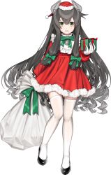 Rule 34 | 1girl, black footwear, black hair, box, christmas, full body, gift, gift box, gloves, green eyes, hair between eyes, hat, headgear, high heels, holding, holding gift, i-47 (kancolle), kantai collection, long hair, long sleeves, official art, sack, santa costume, santa hat, smile, solo, thighhighs, transparent background, white gloves, white thighhighs