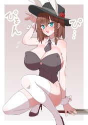 Rule 34 | 1girl, akitokage, animal ears, blush, braid, breasts, brown hair, charlotte corday (fate), cleavage, detached collar, fake animal ears, fate/grand order, fate (series), flower, green eyes, hat, high heels, highres, knife, large breasts, leotard, looking at viewer, medium hair, necktie, playboy bunny, rabbit ears, rose, solo, thighhighs, wrist cuffs