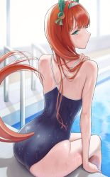 Rule 34 | 1girl, absurdres, animal ears, aqua eyes, ass, blue one-piece swimsuit, from behind, hairband, highres, horse ears, horse girl, horse tail, huziko32, long hair, looking at viewer, looking back, one-piece swimsuit, orange hair, pool, school swimsuit, silence suzuka (umamusume), sitting, solo, swimsuit, tail, umamusume, water, wet, white hairband