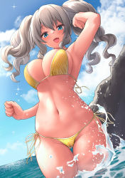 Rule 34 | 1girl, awa yume, bikini, blue eyes, blush, breasts, day, grey hair, groin, kantai collection, kashima (kancolle), large breasts, navel, ocean, partially submerged, rock, solo, sparkle, swimsuit, thigh gap, thighs, twintails, water, yellow bikini