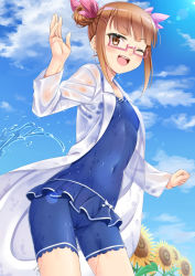 Rule 34 | &gt;;d, 10s, 1girl, ;d, blue sky, blunt bangs, blush, breasts, brown eyes, brown hair, casual one-piece swimsuit, clenched hand, cloud, commentary request, contrapposto, covered navel, cowboy shot, day, double bun, flower, from below, glasses, hair bun, hair ornament, hair ribbon, hairclip, idolmaster, idolmaster cinderella girls, ikebukuro akiha, long sleeves, miri (ago550421), one-piece swimsuit, one eye closed, open mouth, outdoors, pink-framed eyewear, pink ribbon, ribbon, round teeth, semi-rimless eyewear, shirt, signature, skin tight, sky, small breasts, smile, sparkle, splashing, standing, sunflower, swimsuit, swimsuit skirt, teeth, tsurime, under-rim eyewear, v-shaped eyebrows, water, wet, wet clothes, wet shirt, wet swimsuit
