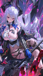 Rule 34 | :o, absurdres, arm guards, bare shoulders, black necktie, blue gloves, blush, breasts, button gap, collared shirt, crystal, echocalypse, gloves, highres, holding, holding staff, holding weapon, horns, large breasts, large horns, long hair, looking at viewer, midriff peek, multicolored horns, necktie, niz (echocalypse), no panties, off shoulder, open mouth, pantyhose, pink hair, scratches, shirt, sitting, skindentation, skirt, staff, torn, torn clothes, torn pantyhose, torn shirt, torn skirt, torn sleeves, ttk (kirinottk), very long hair, weapon, white hair