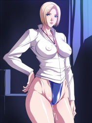 Rule 34 | 1girl, bad id, bad pixiv id, blonde hair, blue eyes, breasts, covered erect nipples, cowboy shot, hand on own hip, highleg, impossible clothes, impossible shirt, lanyard, large breasts, lipstick, looking at viewer, makeup, no bra, noriheita, open collar, original, pussy juice, shirt, short hair, solo, swimsuit, swimsuit under clothes, teacher, thick thighs, thighs, tight clothes, tight shirt, track suit, whistle