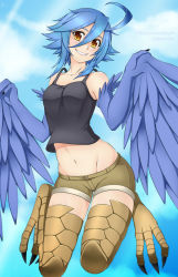Rule 34 | 1girl, ahoge, blue hair, blue wings, breasts, brown eyes, camisole, day, feathered wings, flying, full body, grin, groin, hair between eyes, harpy, lindaroze, medium breasts, monster girl, monster musume no iru nichijou, navel, outdoors, papi (monster musume), scales, short hair, short shorts, shorts, sky, smile, solo, talons, winged arms, wings