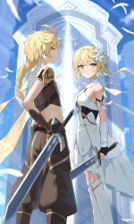 Rule 34 | 1boy, 1girl, absurdres, aether (genshin impact), bare shoulders, blonde hair, blush, boots, braid, braided ponytail, breasts, brother and sister, brown gloves, brown pants, cape, cleavage, crop top, dress, earrings, expressionless, feathers, flower, from behind, from side, genshin impact, gloves, hair between eyes, hair flower, hair ornament, hidulume, highres, holding, holding sword, holding weapon, jewelry, long hair, looking at viewer, looking back, lumine (genshin impact), pants, parted lips, short sleeves, siblings, sleeveless, sleeveless dress, small breasts, sword, thigh boots, very long hair, weapon, white cape, white dress, white flower, yellow eyes