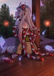 Rule 34 | 1girl, absurdres, back tattoo, bell, blush, box, brown kimono, closed mouth, commentary request, frilled sleeves, frills, from behind, gift, gift box, gradient hair, hair bell, hair bun, hair ornament, highres, hitodama, hololive, horns, japanese clothes, jingle bell, karma (nakiri ayame), kimono, kouhaku nawa, long sleeves, mask, mask on head, multicolored hair, nakiri ayame, nakiri ayame (1st costume), nemoto yuuma, obi, off shoulder, oni, oni mask, profile, red eyes, red hair, rope, sash, shimenawa, shiranui (nakiri ayame), silver hair, single hair bun, sitting, skin-covered horns, sleeves past wrists, solo, tassel, tattoo, thighhighs, virtual youtuber, white thighhighs, wooden floor