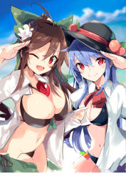 Rule 34 | 2girls, ;d, ahoge, alternate breast size, bikini, black bikini, black headwear, black wings, blue hair, blue sky, bow, breasts, brown hair, cloud, commentary request, cowboy shot, day, fang, flower, food, fruit, green bow, green skirt, groin, hair between eyes, hair bow, hair flower, hair ornament, hand up, highres, hinanawi tenshi, large breasts, leaf, long hair, medium breasts, multiple girls, navel, neck ribbon, one eye closed, open clothes, open mouth, open shirt, open skirt, outdoors, peach, red eyes, red ribbon, reiuji utsuho, ribbon, salute, shirt, sidelocks, skin fang, skirt, sky, smile, standing, stomach, swimsuit, tetsurou (fe+), thighs, touhou, untied bikini, white flower, white shirt, wings