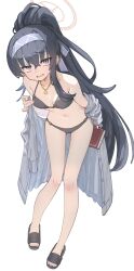 Rule 34 | 1girl, bikini, black bikini, black hair, blue archive, blue eyes, blue hairband, book, commentary request, hair between eyes, hairband, halo, highres, holding, holding book, hoshi umi, long hair, looking at viewer, o-ring, o-ring bikini, o-ring bottom, o-ring top, official alternate costume, ponytail, simple background, solo, standing, swimsuit, ui (blue archive), ui (swimsuit) (blue archive), very long hair, white background