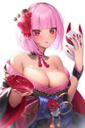 Rule 34 | 1girl, bare shoulders, breasts, cleavage, commentary request, cup, flower, fox mask, hair flower, hair ornament, hairband, highres, holding, holding cup, holding mask, hololive, hololive english, japanese clothes, kimono, large breasts, looking at viewer, mask, unworn mask, mori calliope, mori calliope (new year), nail polish, off shoulder, parted lips, pink hair, red eyes, red flower, red nails, sakazuki, short hair, simple background, solo, suraimu (suraimuraimu), upper body, virtual youtuber, white background, wrist cuffs