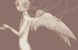 Rule 34 | 1boy, androgynous, angel wings, brown background, clona, commentary request, cotori (clona), feathered wings, flower, from side, hair flower, hair ornament, holding hands, looking afar, male focus, monochrome, nude, red eyes, sepia, simple background, solo, solo focus, tears, upper body, white wings, wings, wire