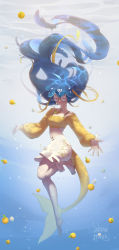 Rule 34 | 1girl, absurdres, bao (vtuber), bao (vtuber) (5th costume), barefoot, blue hair, breasts, cetacean tail, choker, closed eyes, collarbone, commentary, cropped shirt, english commentary, fins, fish tail, floating, floating hair, food, fruit, full body, glasses, highres, indie virtual youtuber, lemon, long hair, medium breasts, official alternate costume, open hands, puffy shorts, round eyewear, shirt, shorts, solo, strawfanta, tail, underwater, very long hair, virtual youtuber, white choker, white shorts, yellow shirt