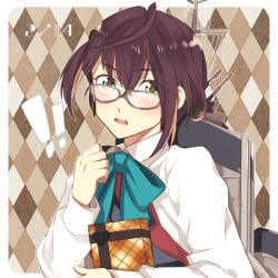 Rule 34 | !, !!, 1girl, ahoge, black hair, blue-framed eyewear, blue bow, bow, box, checkered background, dated, gift, glasses, green eyes, halterneck, kantai collection, looking at viewer, machinery, manaka (gunjooou), multicolored hair, okinami (kancolle), pink hair, school uniform, short hair, smokestack, solo, upper body