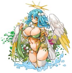 Rule 34 | 1girl, areola slip, blue hair, blush, breasts, cleavage, copyright request, curvy, highres, large breasts, long hair, looking at viewer, navel, sachito, simple background, smile, solo, thick thighs, thighs, white background, wide hips, wings, yellow eyes