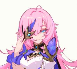 Rule 34 | 1girl, blue eyes, breasts, butterfly ornament, cleavage, elf, elysia (honkai impact), go satoshi ko, grey background, hair ornament, highres, honkai (series), honkai impact 3rd, long hair, looking at viewer, one eye covered, pink hair, pink pupils, pointy ears, shirt, smile, solo, upper body, very long hair, white shirt