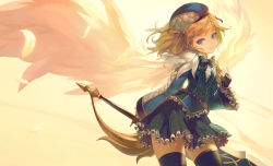 Rule 34 | 1girl, angel, angel wings, armor, belt, belt buckle, black gloves, black ribbon, black thighhighs, blue bow, blue eyes, blue hat, bow, buckle, choi eun suk, closed mouth, fingerless gloves, frilled skirt, frills, gem, gloves, hat, highres, holding, holding sword, holding weapon, original, pauldrons, plaid, plaid skirt, ribbon, short hair, shoulder armor, skirt, smile, solo, sword, thighhighs, weapon, wings, zettai ryouiki