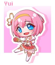 Rule 34 | 1girl, :d, absurdres, blue eyes, blush, boots, breasts, character name, chibi, commentary request, full body, hair between eyes, hairband, highres, holding, holding wand, jacket, juliet sleeves, long sleeves, looking at viewer, medium breasts, open mouth, orange hairband, outline, pink background, pink hair, pink thighhighs, pleated skirt, princess connect!, puffy sleeves, red skirt, saishosaisekojo, skirt, smile, solo, thighhighs, thighhighs under boots, wand, white footwear, white jacket, white outline, yui (princess connect!)