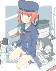 Rule 34 | 1girl, bad id, bad pixiv id, blue dress, blue footwear, blue hat, brown eyes, brown hair, cannon, clothes writing, dress, full body, hat, kantai collection, looking at viewer, machinery, mast, military hat, ninimo nimo, sailor collar, sailor dress, sailor hat, short hair, sitting, smokestack, solo, turret, wariza, z3 max schultz (kancolle)