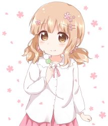 Rule 34 | 1girl, alternate hairstyle, araki495, blonde hair, blush, breasts, brown eyes, cherry blossoms, commentary request, dango, flower, food, hair flower, hair ornament, holding, holding food, looking at viewer, low twintails, name connection, oomuro sakurako, ribbon, sanshoku dango, small breasts, solo, twintails, wagashi, white background, yuru yuri