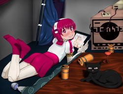 Rule 34 | 1girl, android, ass, blush, cat, dorothy haze, hairband, heart, heart-shaped pupils, highres, joints, ktarl, looking at viewer, lying, on stomach, red eyes, red hair, red skirt, robot joints, short hair, skirt, smile, solo, symbol-shaped pupils, va-11 hall-a