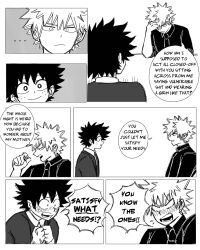Rule 34 | 2boys, bakugou katsuki, bakuverde, boku no hero academia, closed mouth, collared shirt, comic, commentary, english commentary, english text, freckles, greyscale, highres, looking at another, male focus, midoriya izuku, monochrome, multiple boys, open mouth, shirt, short hair, sitting, speech bubble, spiked hair