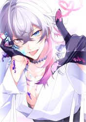 Rule 34 | 1boy, absurdres, akaie11, bishounen, black gloves, blue eyes, blue hair, collarbone, drawing, drawing on fourth wall, frilled sleeves, frills, gavis bettel, gloves, grey hair, heart, heterochromia, highres, holostars, holostars english, long bangs, looking at viewer, male focus, medium hair, multicolored hair, pectorals, pink eyes, pink hair, pink liquid, purple liquid, shirt, smirk, solo, tongue, tongue out, upper body, virtual youtuber, white background, white shirt