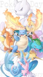 Rule 34 | 1boy, absurdres, animal focus, anniversary, arm up, articuno, artist name, text background, bird, black eyes, blastoise, blue eyes, brown eyes, charizard, claws, closed mouth, colored skin, creatures (company), dated, dragon, english text, fangs, fiery hair, fiery wings, floating, flower, full body, furry, furry male, game freak, gen 1 pokemon, grey skin, half-closed eyes, highres, ivysaur, leaf, legendary pokemon, looking at another, looking at viewer, looking to the side, mew (pokemon), mewtwo, moltres, mythical pokemon, nintendo, open mouth, pawpads, pink flower, pokemon, pokemon (creature), purple eyes, red eyes, red hair, shia (shi12 poke), short hair, signature, simple background, starter pokemon trio, upper body, white background, wings, zapdos