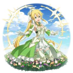 Rule 34 | 1girl, :d, armored boots, armpits, blonde hair, blue sky, boots, braid, breasts, cleavage, cloud, detached sleeves, field, flower, flower field, full body, gloves, green eyes, hair between eyes, hair tubes, highres, kneeling, layered skirt, leafa, leafa (terraria), long hair, long sleeves, looking at viewer, medium breasts, miniskirt, official art, open mouth, ponytail, sideboob, skirt, sky, smile, solo, sword art online, sword art online: memory defrag, thigh boots, thighhighs, transparent background, twin braids, very long hair, waist cape, white footwear, white gloves, white skirt