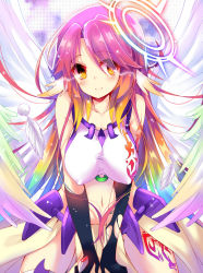 Rule 34 | 10s, 1girl, angel wings, blush, breasts, spiked halo, covered erect nipples, feathered wings, halo, hecha (01964237), impossible clothes, jibril (no game no life), large breasts, long hair, looking at viewer, magic circle, multicolored hair, multicolored wings, navel, no game no life, pointy breasts, rainbow hair, smile, solo, white wings, wings, yellow eyes