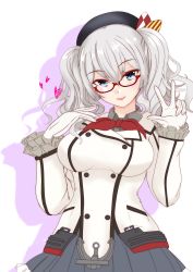 Rule 34 | 1girl, absurdres, beret, bespectacled, black hat, black skirt, blue eyes, breasts, buttons, glasses, gloves, hat, highres, jacket, kantai collection, kashima (kancolle), large breasts, long sleeves, looking at viewer, military jacket, miniskirt, neckerchief, pleated skirt, red-framed eyewear, red neckerchief, sakami senka, sidelocks, silver hair, skirt, smile, solo, tsurime, twintails, wavy hair, white gloves, white jacket