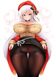 Rule 34 | 1girl, absurdres, aran sweater, azur lane, belfast (azur lane), belfast (shopping with the head maid) (azur lane), beret, black pantyhose, black skirt, braid, breasts, brown sweater, cable knit, cameltoe, choker, cleavage, cleft of venus, dongdong, earrings, french braid, hat, highres, hoop earrings, jewelry, large breasts, long hair, looking at viewer, nail polish, no panties, off-shoulder sweater, off shoulder, pantyhose, pencil skirt, purple eyes, pussy juice, red hat, red nails, red shawl, shawl, skirt, smile, solo, sweater, thighs, white hair